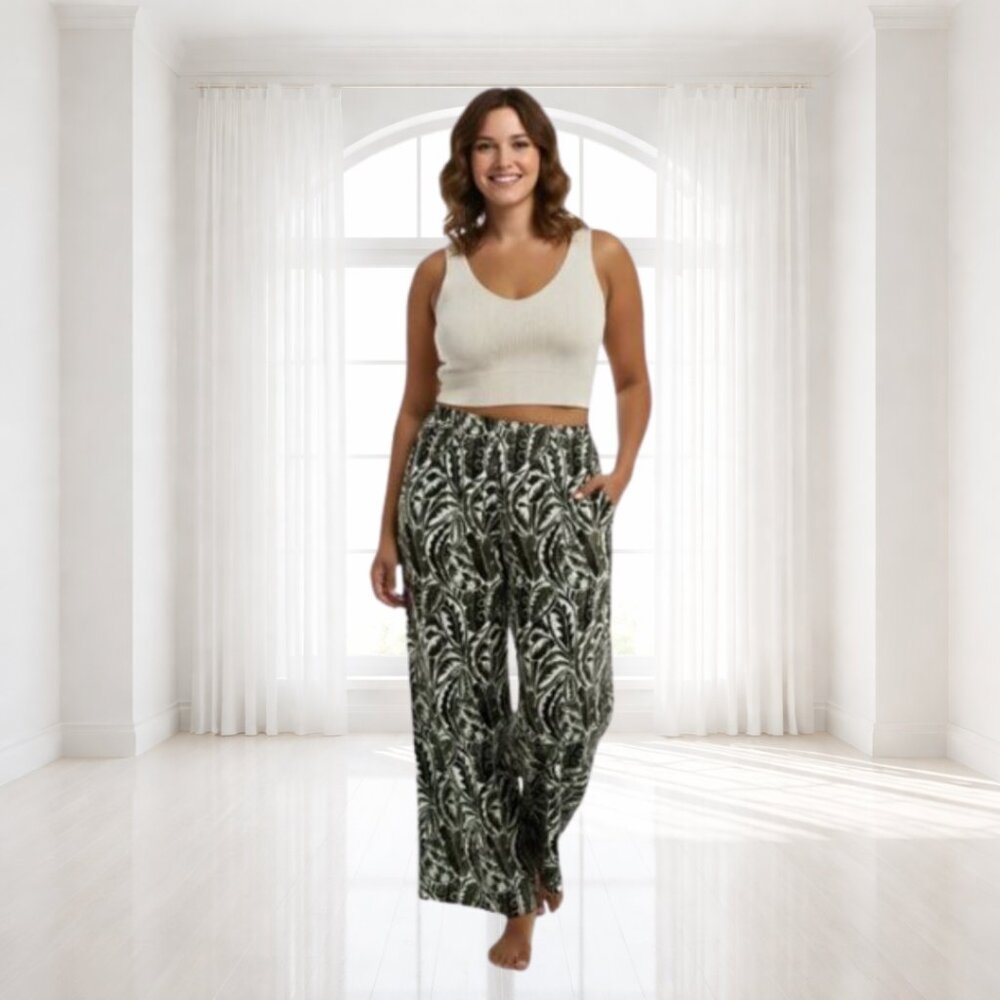 Cato Women’s Wide-Leg Pants | Size Large | Olive & Brown Leaf Print Comfortable